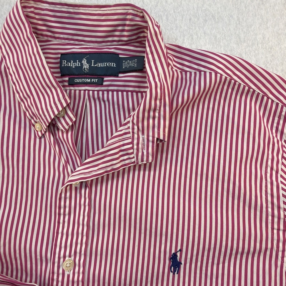 Polo Ralph Lauren Men Fuscia White Stripes Custom Fit LS Shirt Size 15 1/2 34/35